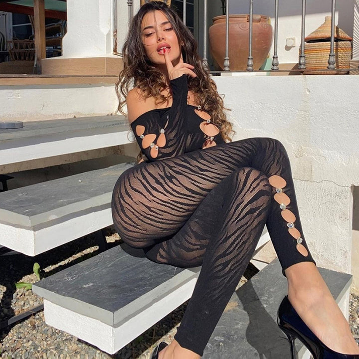 Strapless Cut-Out Mesh Bodysuit – Sexy Long Sleeve Sheer Bodycon One-Piece