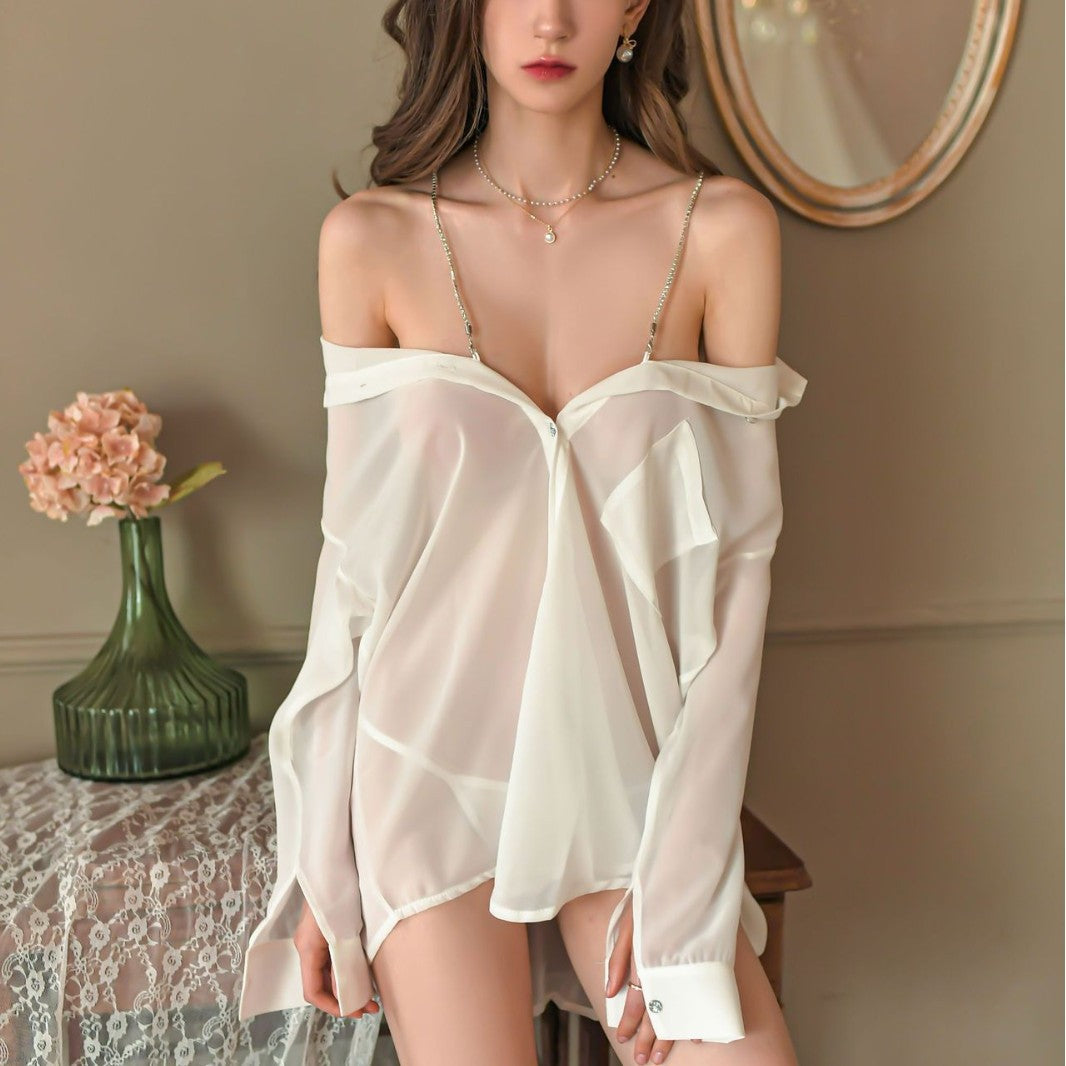 Satin Off-Shoulder Lingerie Dress – Sheer Long Sleeve Sleepwear Shirt