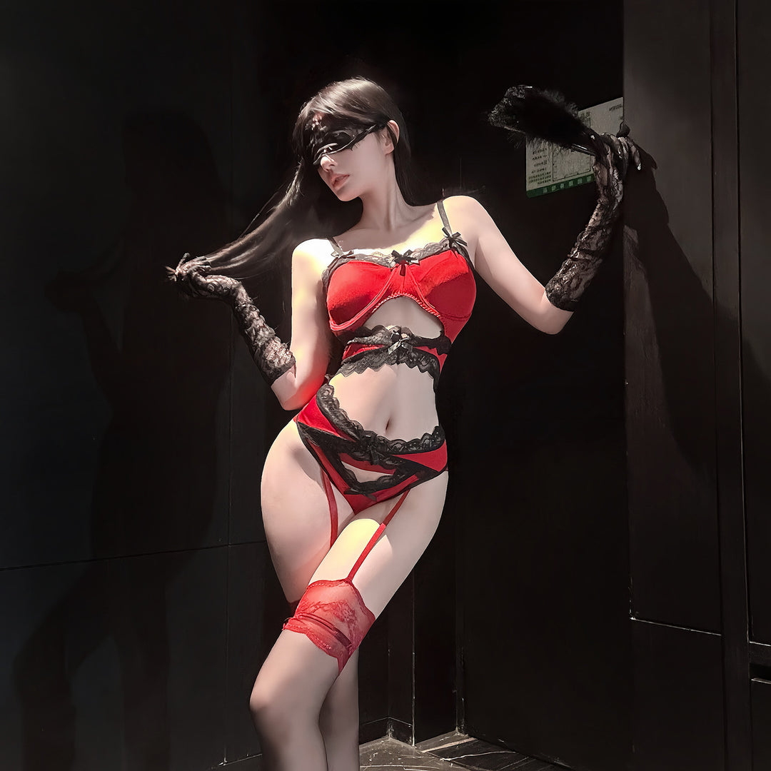 Red & Black Lace Bow Lingerie Set – Contrast Mesh Bra, Garter & Panty Costume