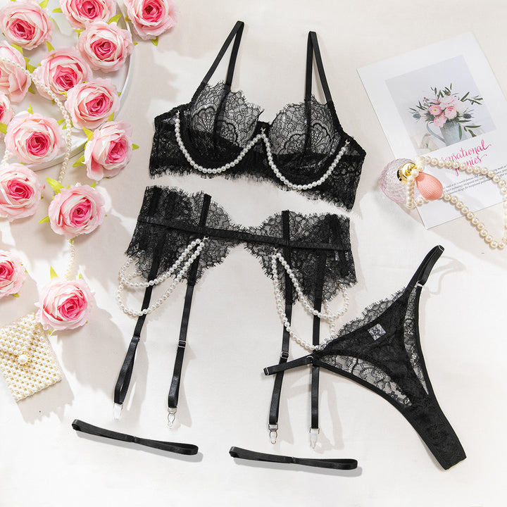 Sheer Floral Lace Bra, Garter Belt & Pearl Detail 4-Piece Set