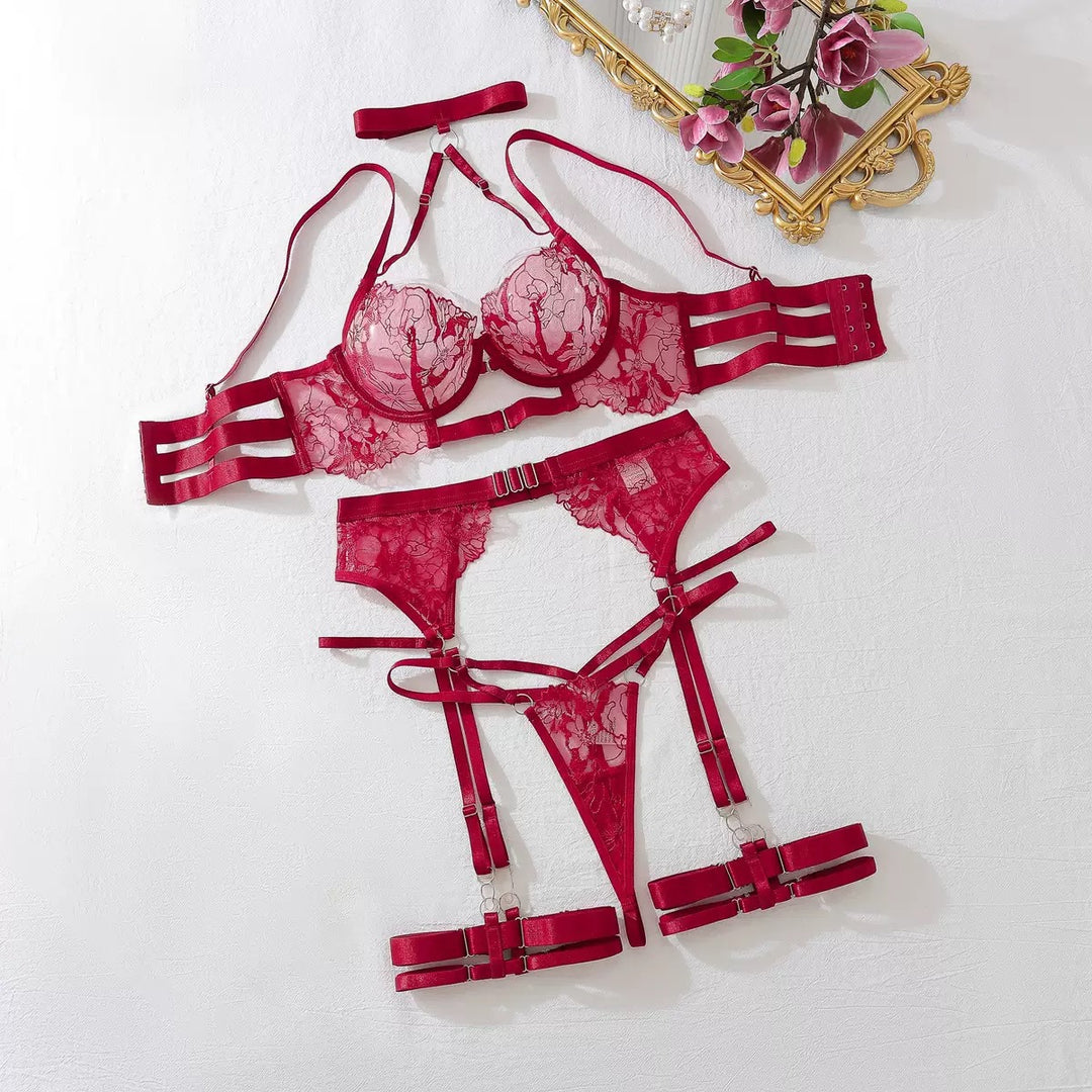 Floral Lace 5-Piece Lingerie Set – Underwire Bra, Garter Belt, Panty, Leg Garters & Choker