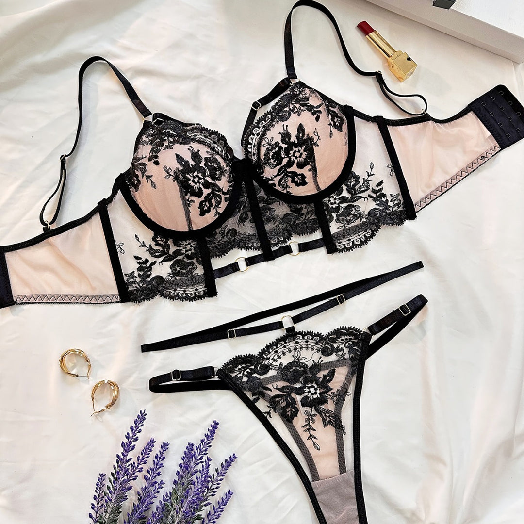 French Embroidered Sheer Lingerie Set