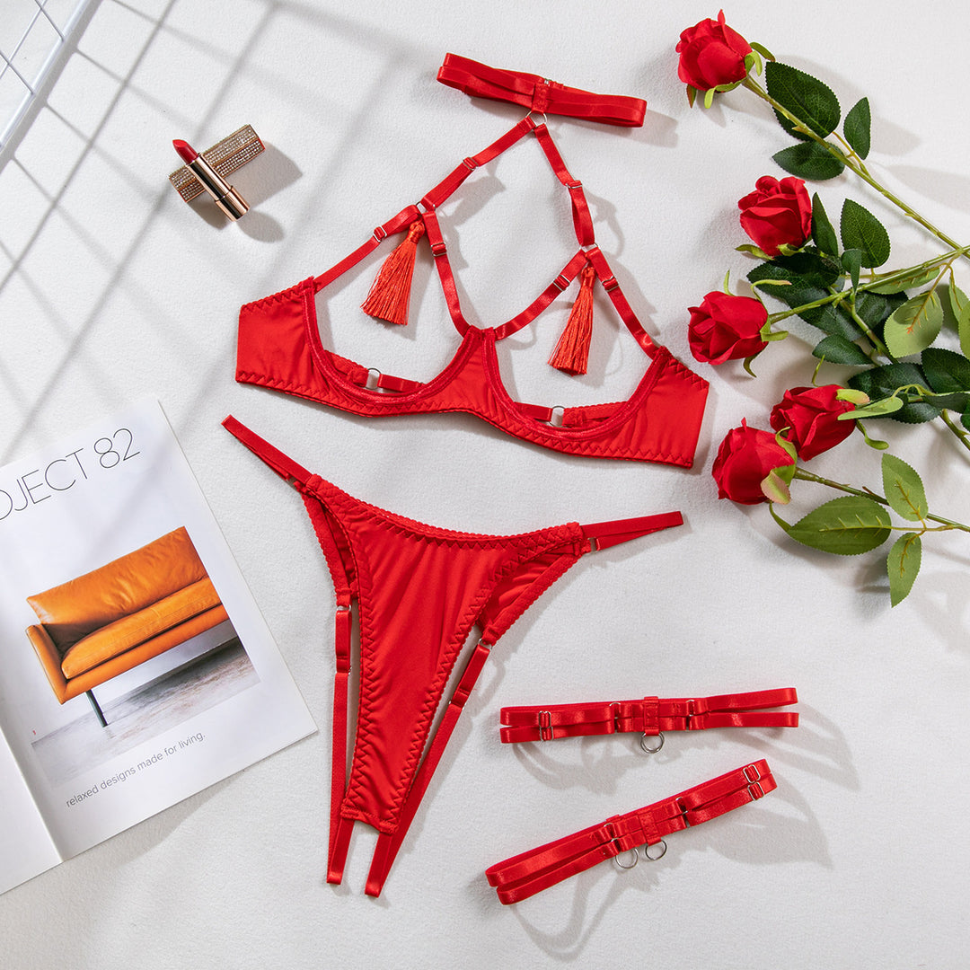 Open Cup Lingerie Set – Strappy Harness Bra, Thong & Leg Garters 4-Piece Set