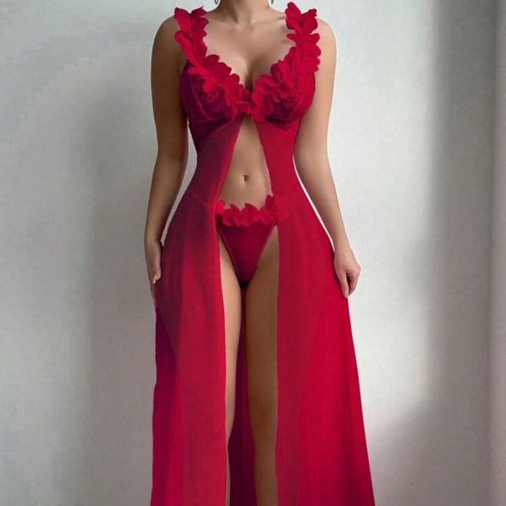 Floral Lace Babydoll Lingerie Set – Sheer Mesh Long Robe with Romantic