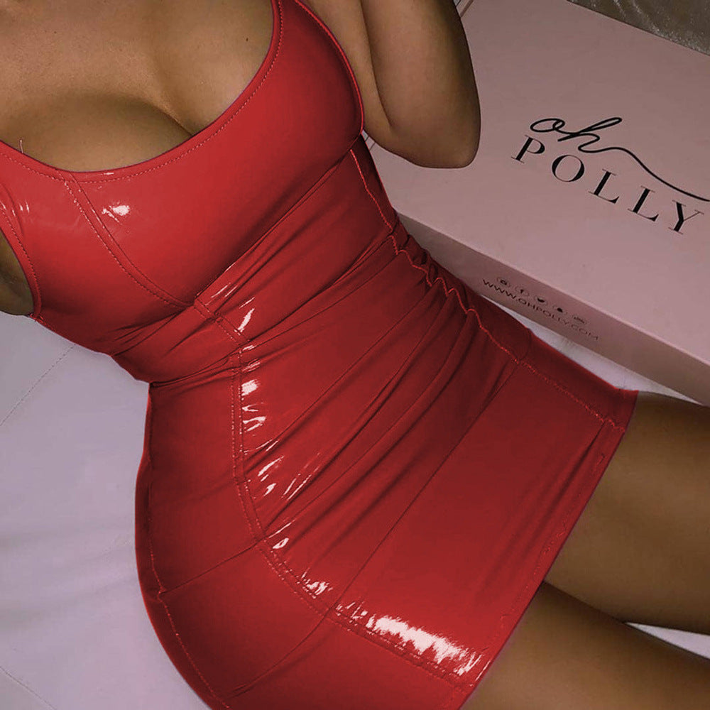 Glossy PU Leather Mini Dress – Strappy Bodycon Party Dress with Ruched Fit
