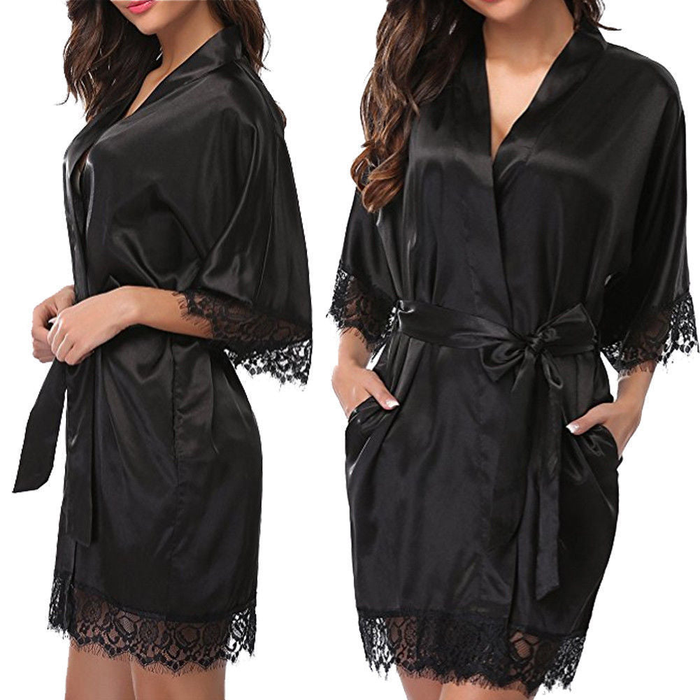 Women's Satin Lace Trim Robe – Lace Trim Sleepwear Lounge Bathrobe with Tie Belt