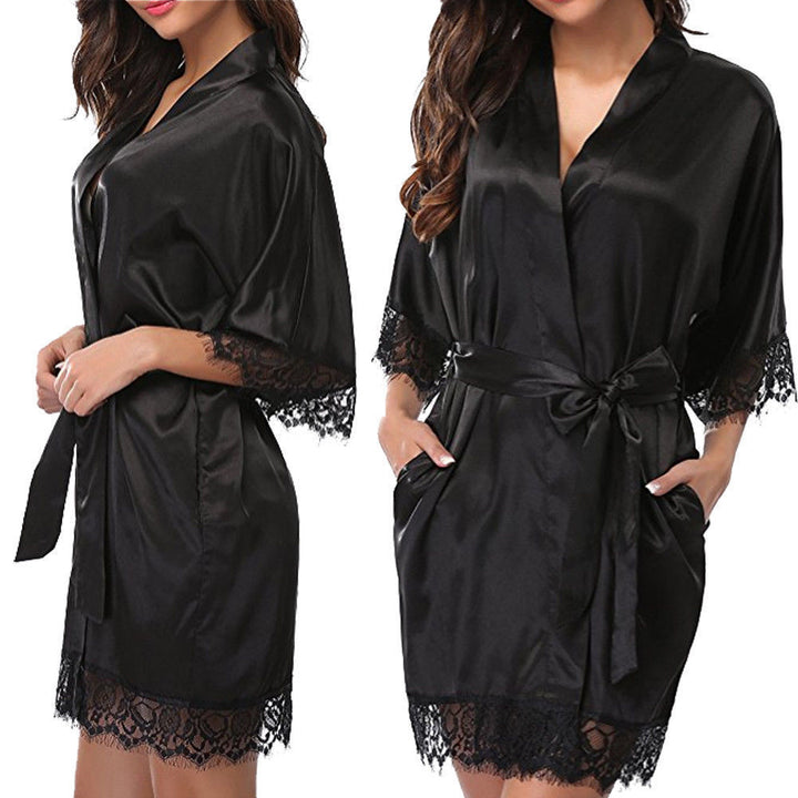 Women's Satin Lace Trim Robe – Lace Trim Sleepwear Lounge Bathrobe with Tie Belt