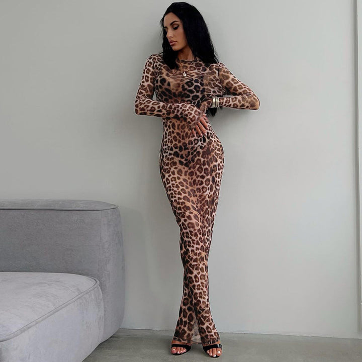 Leopard Print Sheer Mesh Bodycon Dress Long Sleeve Sexy Club Dress