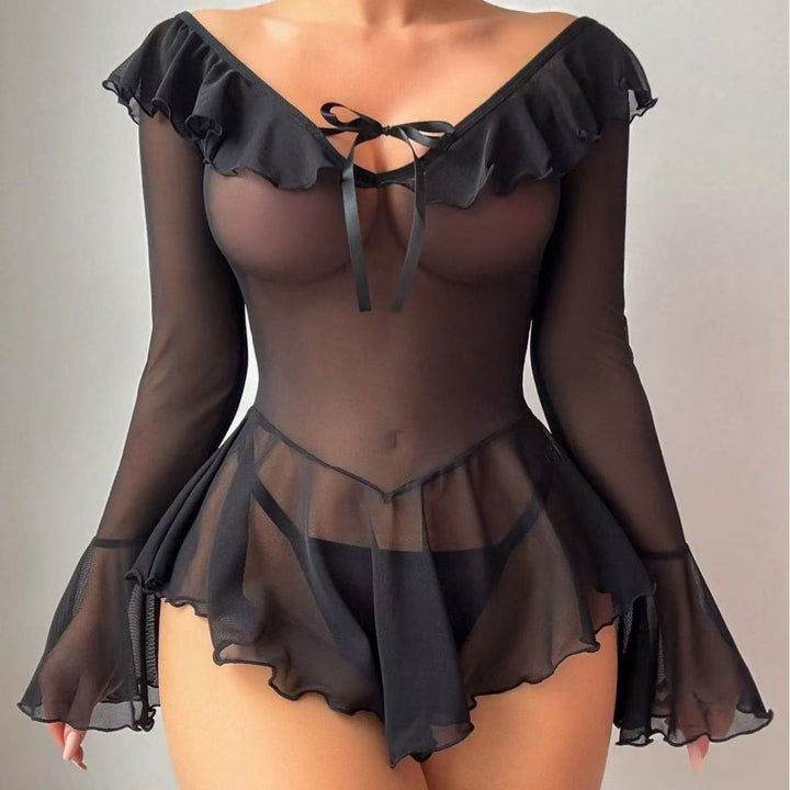 Sweet Sheer Ruffle Lingerie Set – Off-Shoulder Tie-Front Top & Flirty Mini Shorts