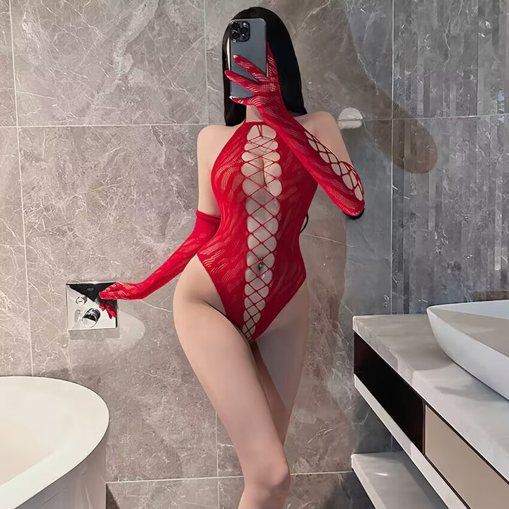Scarlet Flame Fishnet Cut-Out Bodysuit with Gloves