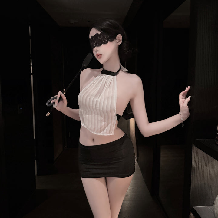 Sheer Halter Lingerie Set – Pleated Mesh Top & Ruched Mini Skirt with Choker Detail