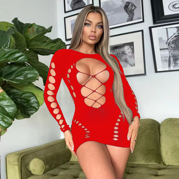 Sexy Long Sleeve Cutout Mini Dress – Lace Up Hollow Out Bodycon Lingerie Dress