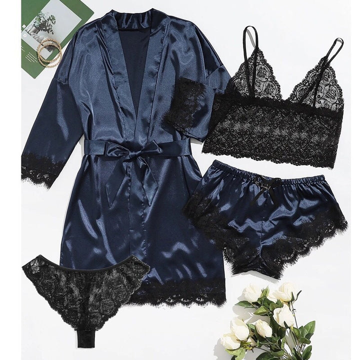 Satin & Black Lace Lingerie Set – Robe, Lace Cami & Shorts 4-Piece Sleepwear Set