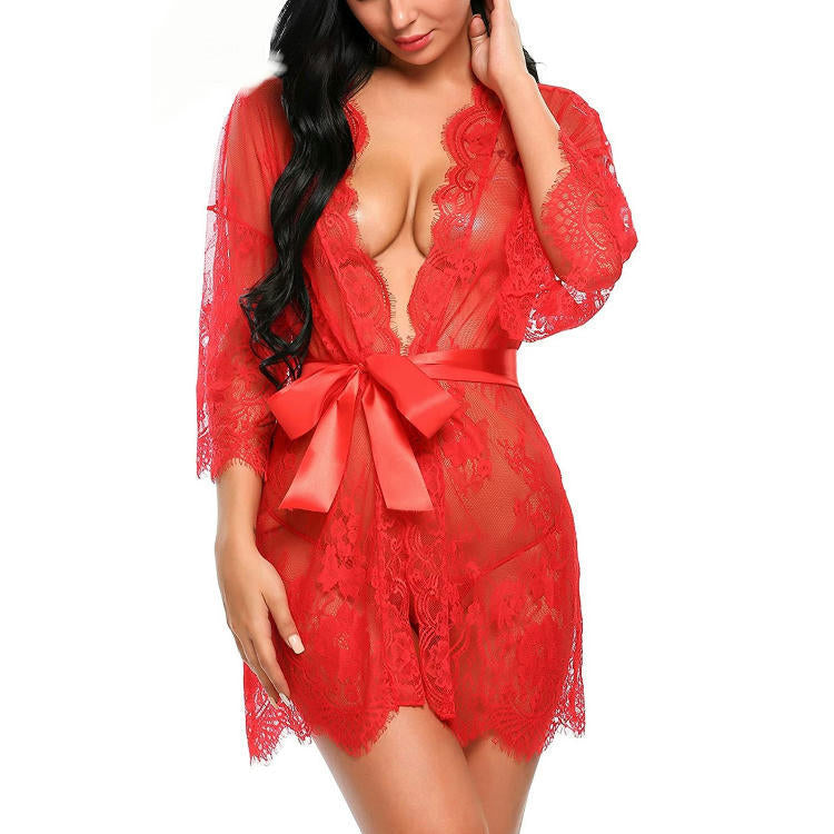 Midnight Lace – Sheer Floral Robe with Satin Belt