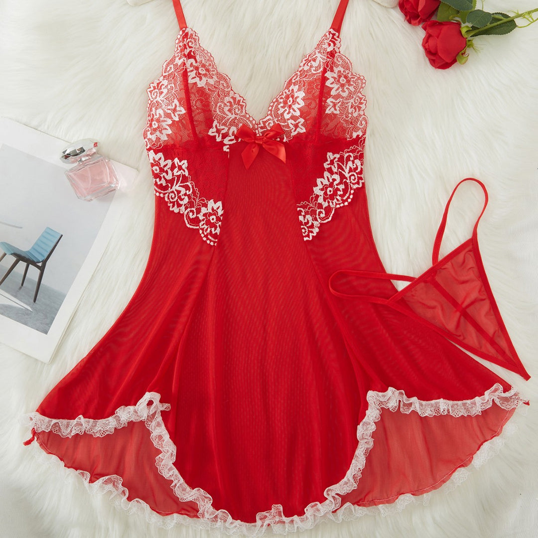 Lace Trim Babydoll Nightdress Set with Matching Thong