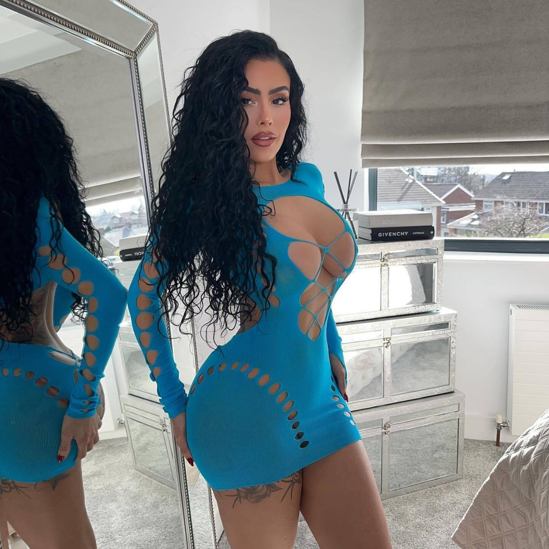 Long Sleeve Fishnet Mini Dress – Cutout Bodycon Mesh Lingerie Dress with Open Back