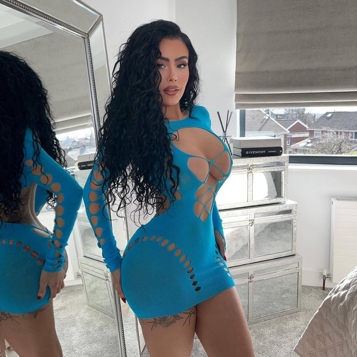 Long Sleeve Fishnet Mini Dress – Cutout Bodycon Mesh Lingerie Dress with Open Back