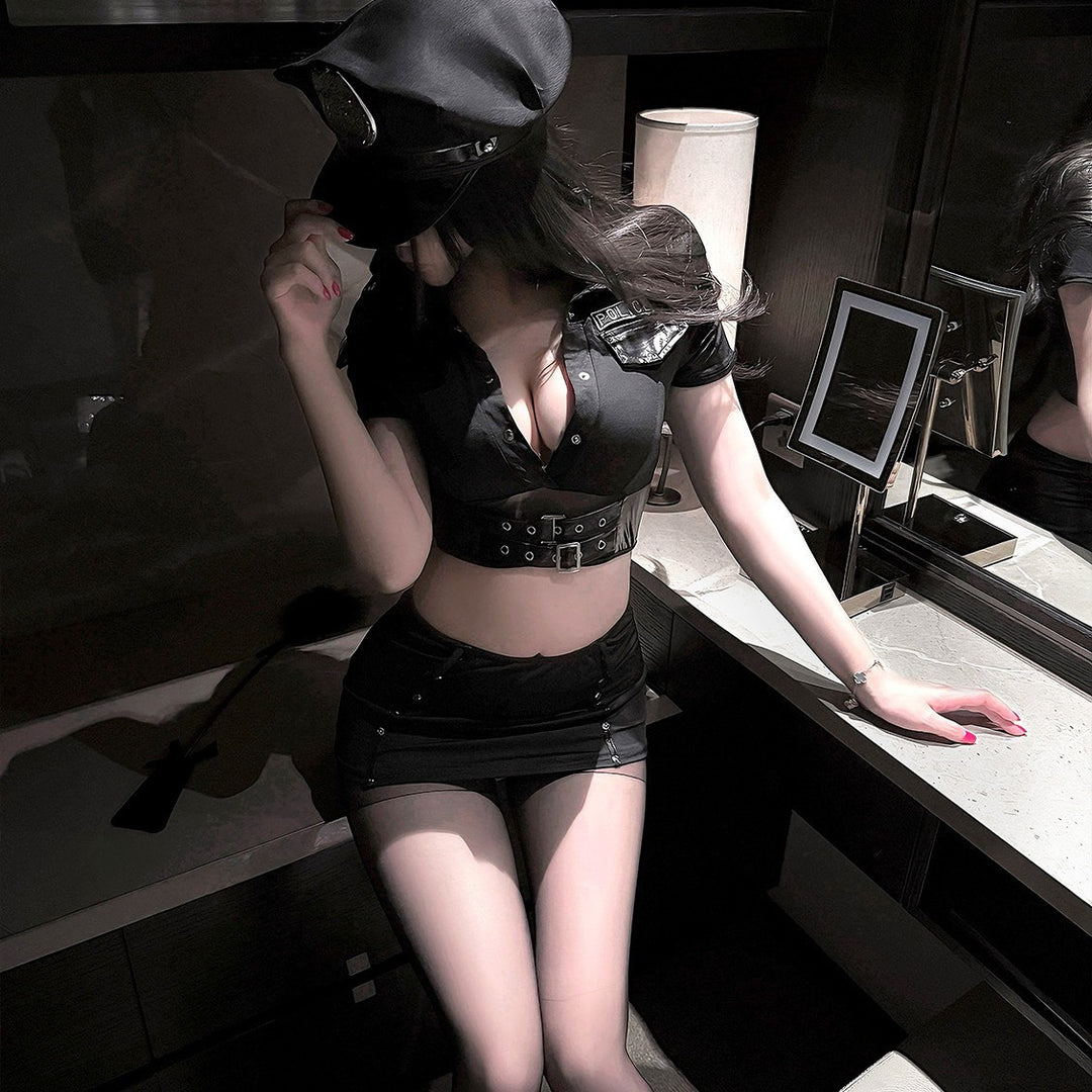 Police Costume Lingerie Set – Cropped Shirt, Belt & Mini Skirt with Matching Cap