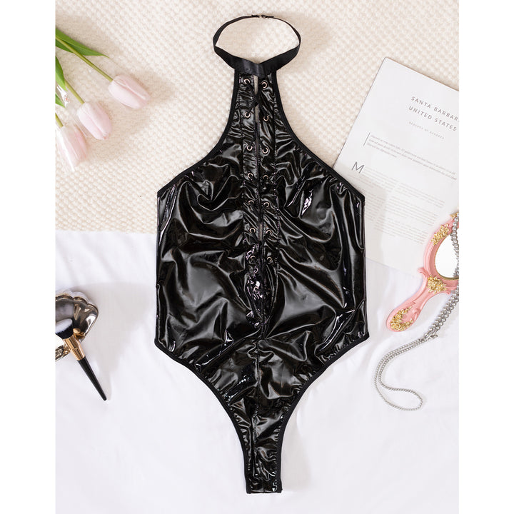 Glossy PVC Halter Teddy Bodysuit – Lace-Up Faux Leather One-Piece Lingerie