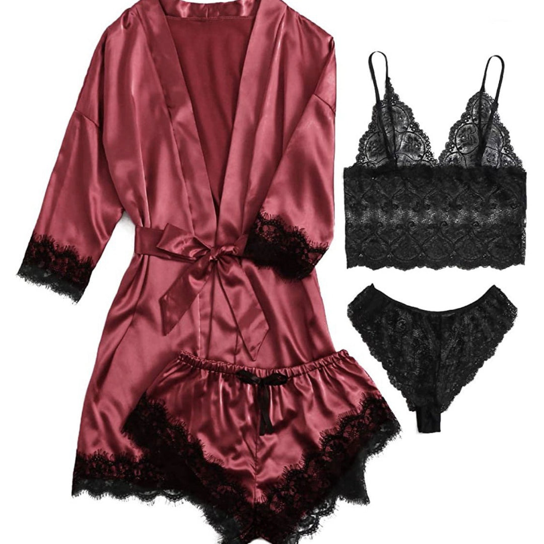 Satin & Black Lace Lingerie Set – Robe, Lace Cami & Shorts 4-Piece Sleepwear Set