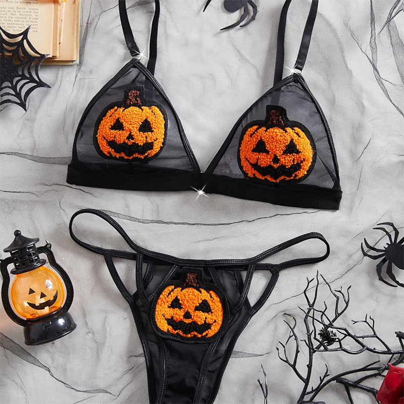 Halloween Pumpkin Embroidered Lingerie Set – Sheer Mesh Bra & Thong Two-Piece Costume