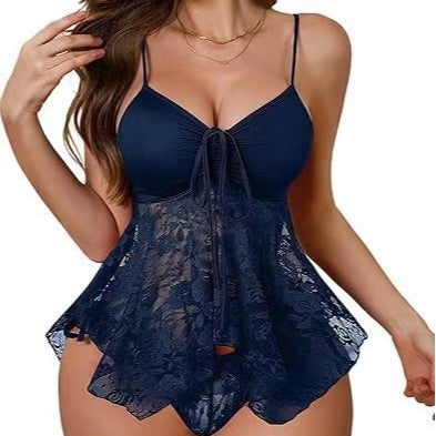Lace Babydoll Lingerie Set – Deep V Tie Front Mesh Chemise with Matching Panty