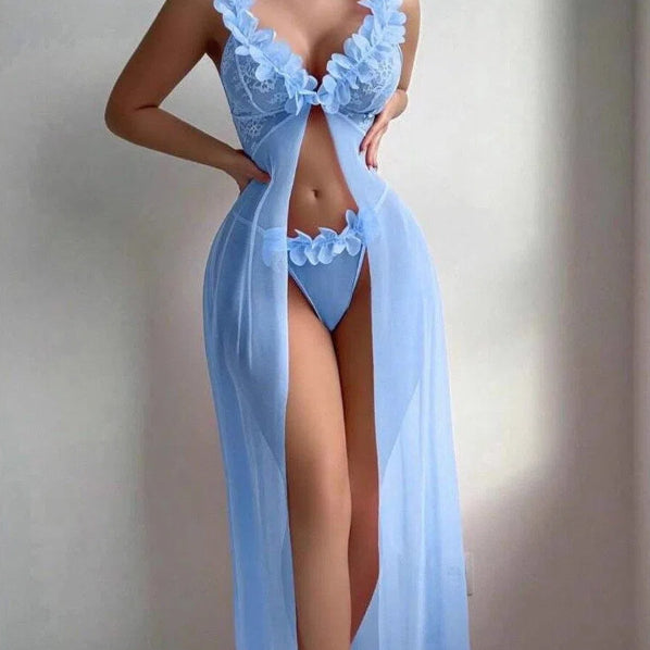 Floral Lace Babydoll Lingerie Set – Sheer Mesh Long Robe with Romantic