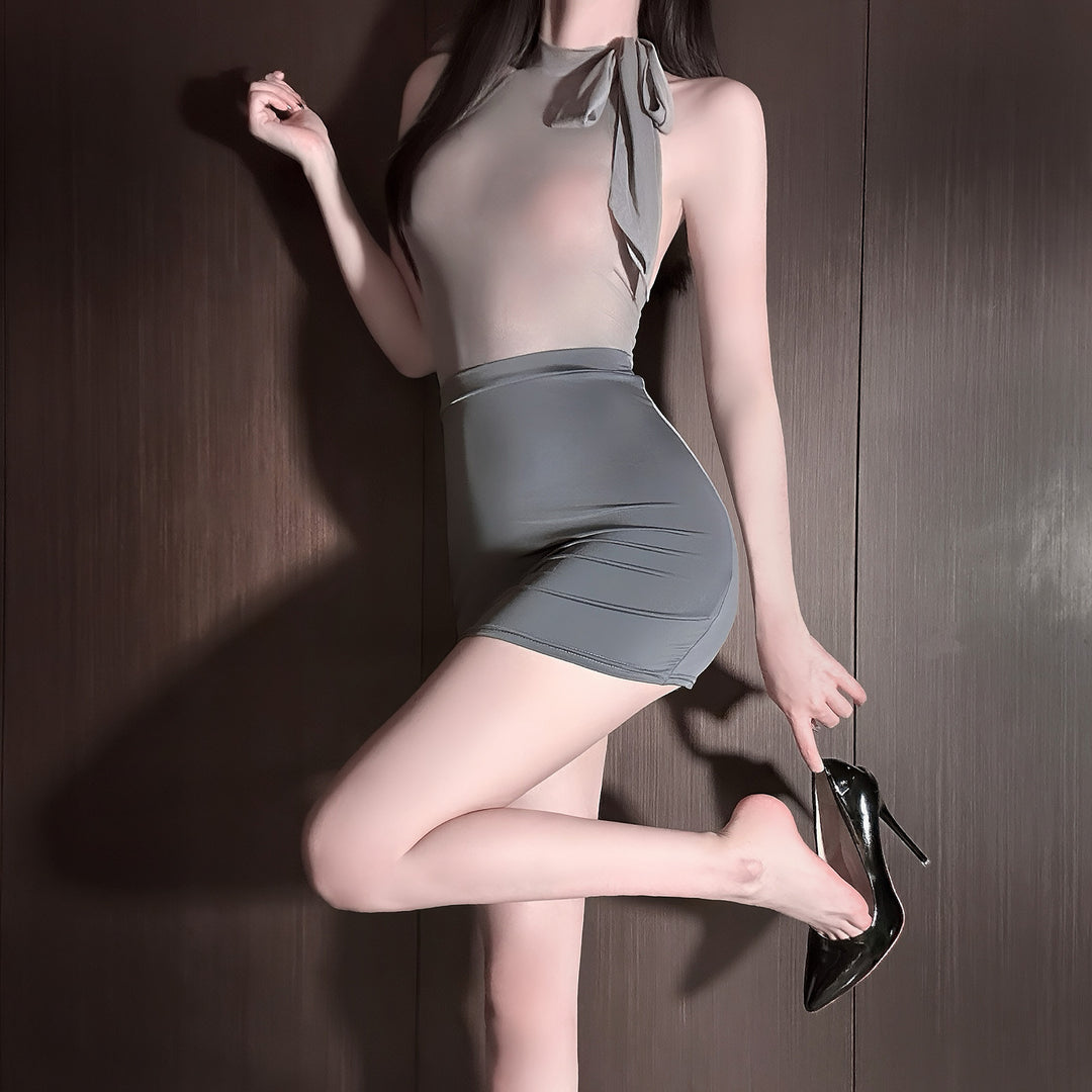 Women’s Satin Halter Lingerie Set – Tie-Neck Cami Top & High-Waisted Mini Skirt