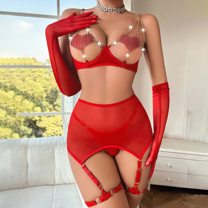 Midnight Temptation Strappy Lingerie Set – Sheer Mesh Bra, Cutout Panty & Garter Harness