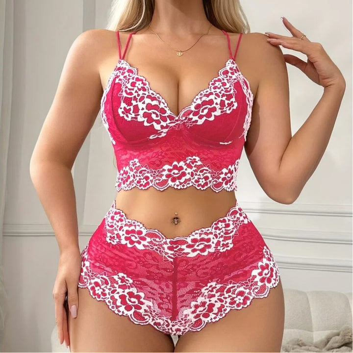 Floral Lace Lingerie Set – Contrast Lace Bralette & High-Waist Panty 2-Piece Set