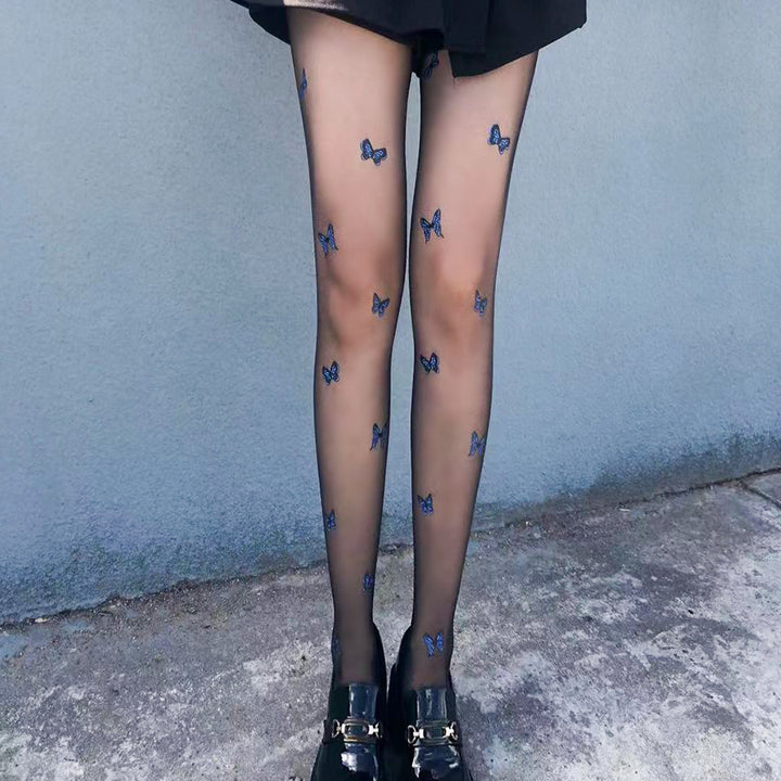 Blue Butterfly Pattern Sheer Tights – Elegant Transparent Pantyhose