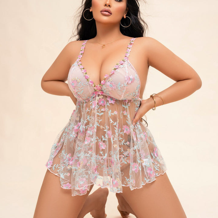 Silky Lace Chemise Lingerie Set – Women's Satin & Sheer Mesh V-Neck Babydoll Nightdress