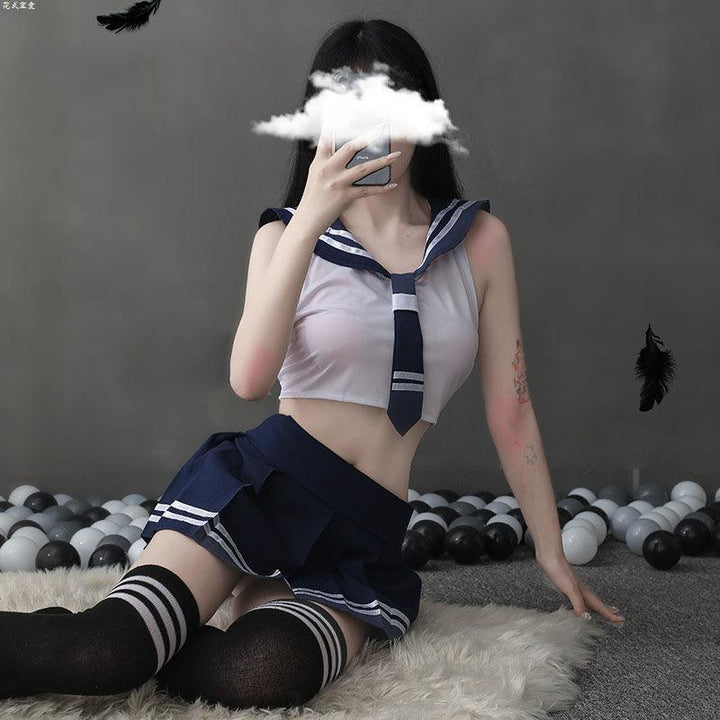 Sexy Sailor Schoolgirl Costume Lingerie Set Crop Top & Pleated Skirt Cosplay Outfit