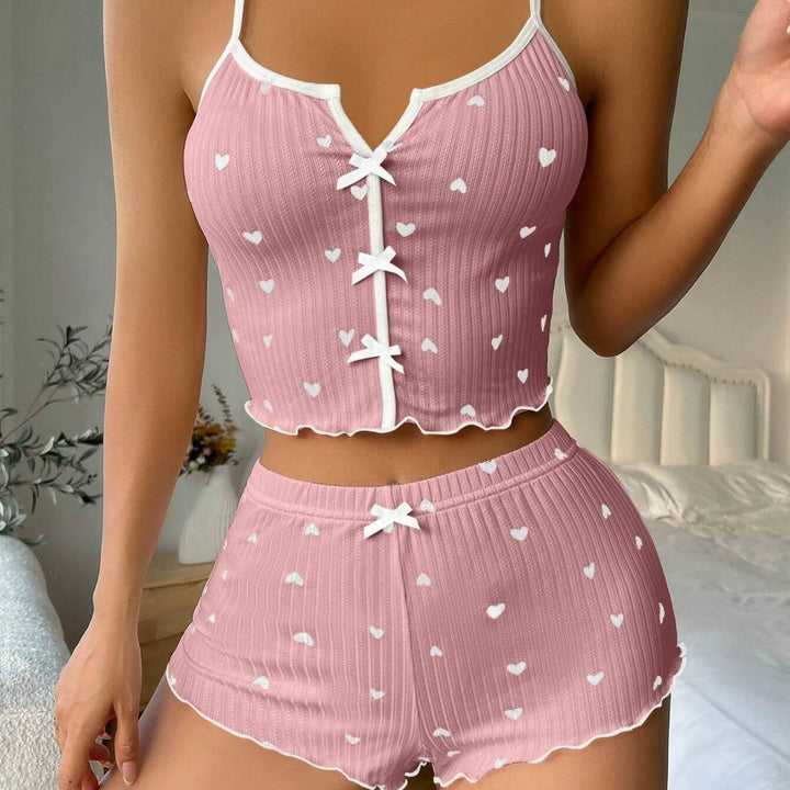 Cute Heart Print Pajama Set – Ribbed Cami Top & Shorts Lounge Set
