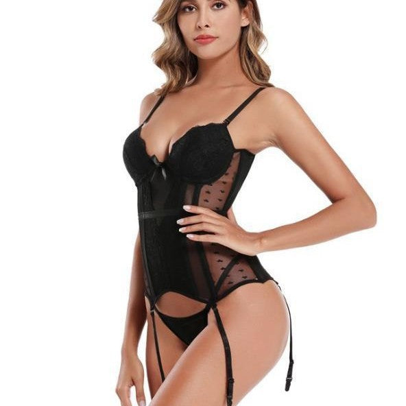 Sexy Lace Bustier Bodysuit Lingerie Set – Sheer Mesh Garter Teddy with Adjustable Straps