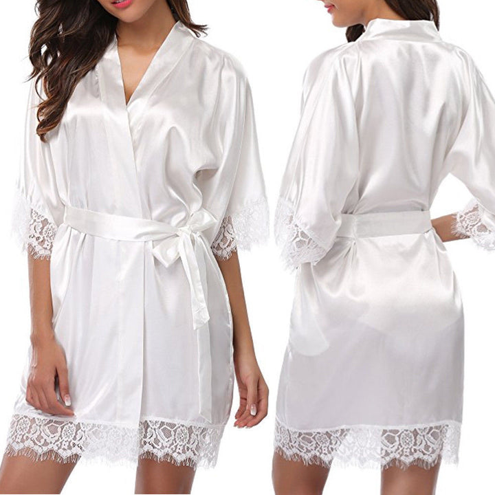 Women's Satin Lace Trim Robe – Lace Trim Sleepwear Lounge Bathrobe with Tie Belt