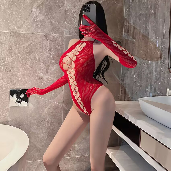 Scarlet Flame Fishnet Cut-Out Bodysuit with Gloves