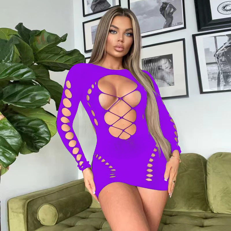 Sexy Long Sleeve Cutout Mini Dress – Lace Up Hollow Out Bodycon Lingerie Dress
