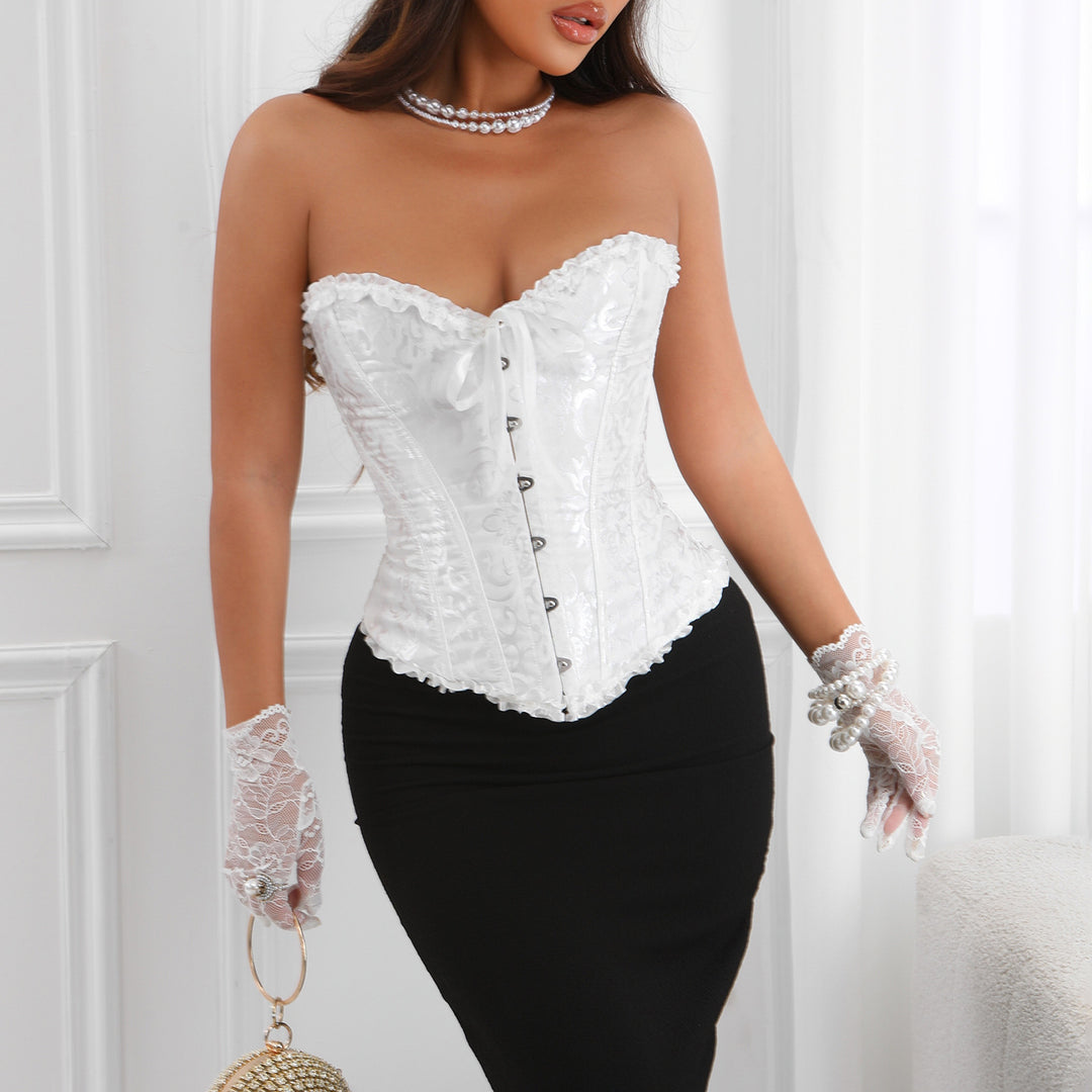 White Jacquard Lace Corset Bustier Lace-Up Waist Trainer Top