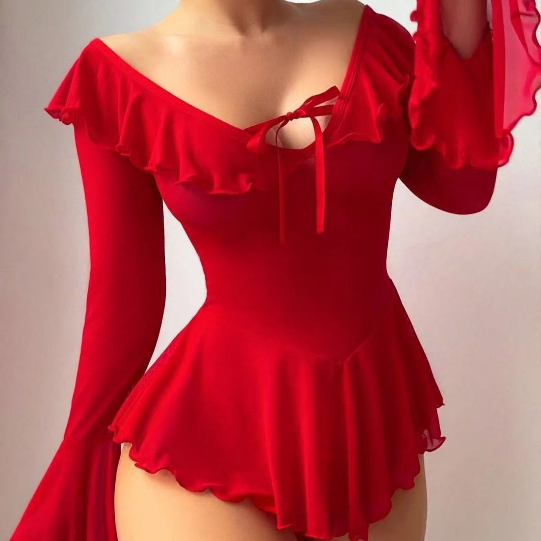 Sweet Sheer Ruffle Lingerie Set – Off-Shoulder Tie-Front Top & Flirty Mini Shorts