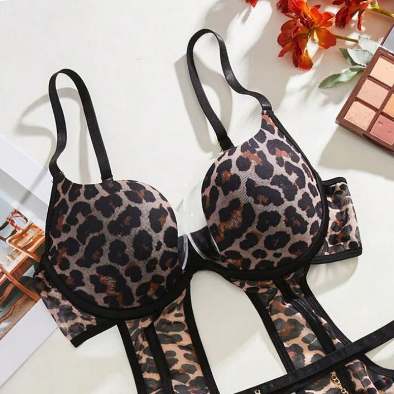 Leopard Print Strappy Teddy Lingerie Set with Chain Detail