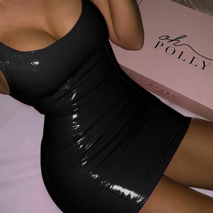 Glossy PU Leather Mini Dress – Strappy Bodycon Party Dress with Ruched Fit