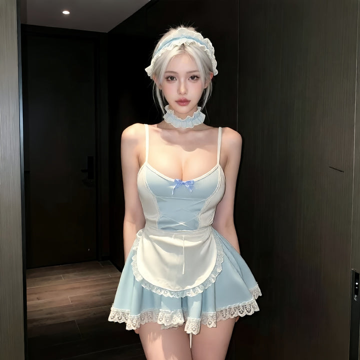 Sweet Bow Lace Maid Costume Set – Corset Camisole Top with Apron & Ruffle Skirt