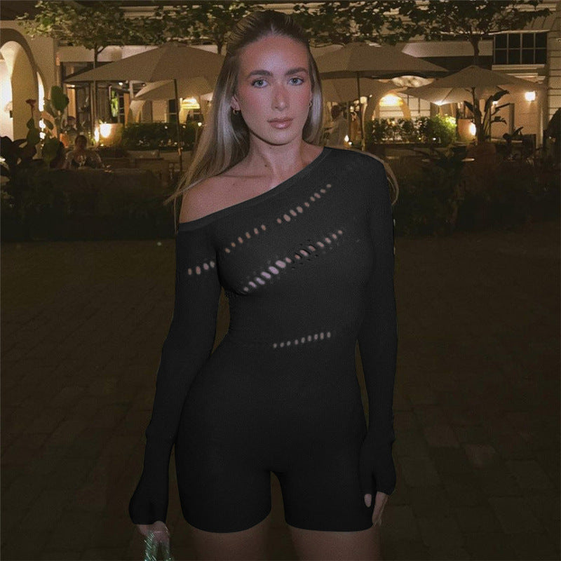 Women's One-Shoulder Bodycon Lounge Dress – Long Sleeve Stretch Mini Sleep Dress