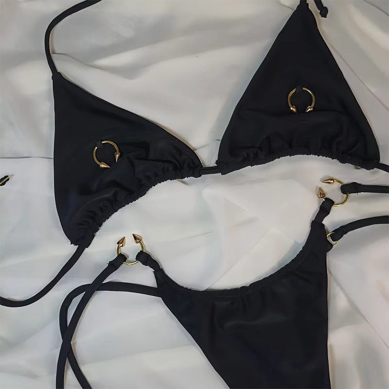 Metal Ring Triangle Bikini Set – Adjustable Tie Side Two-Piece Swimsuit for Women