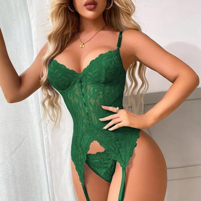Lace Garter Lingerie Bodysuit Sheer Hollow Out Push Up Teddy Set