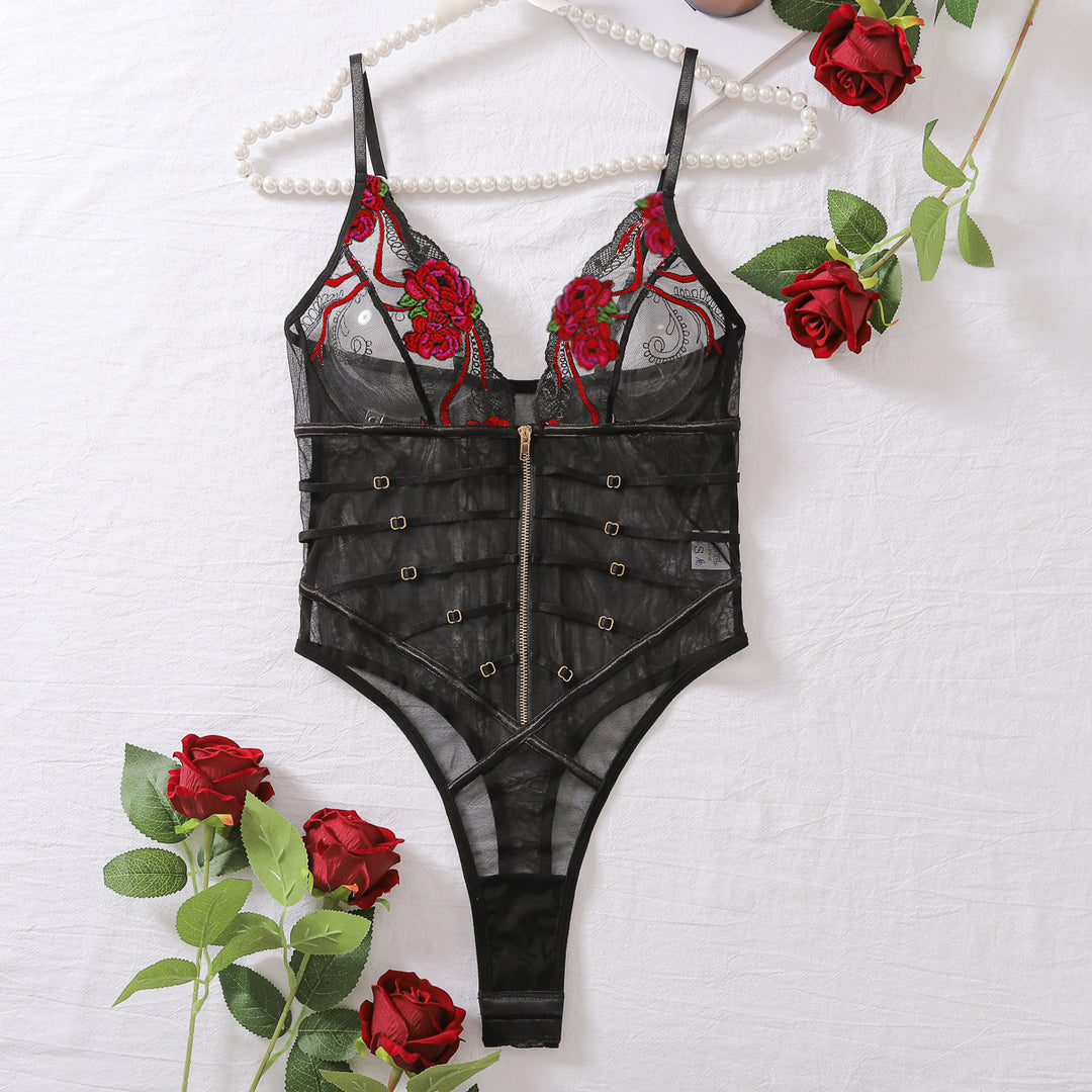 Rose Embroidered Mesh Bodysuit – Sheer V-Neck Sculpting Teddy Lingerie for Women