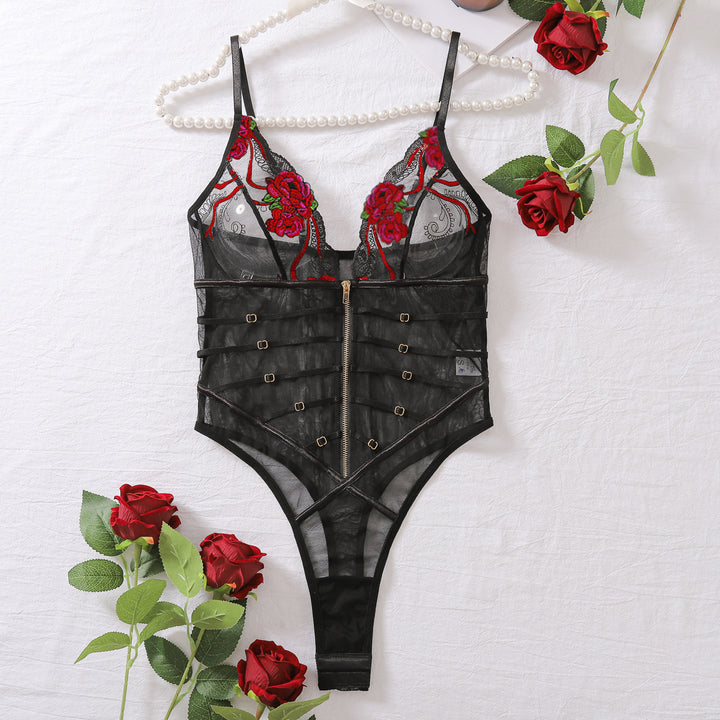 Rose Embroidered Mesh Bodysuit – Sheer V-Neck Sculpting Teddy Lingerie for Women