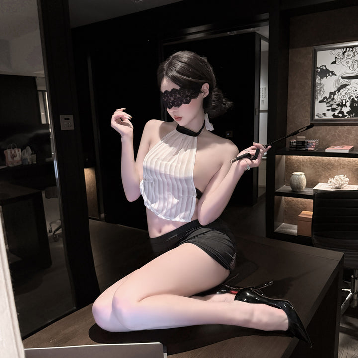 Sheer Halter Lingerie Set – Pleated Mesh Top & Ruched Mini Skirt with Choker Detail