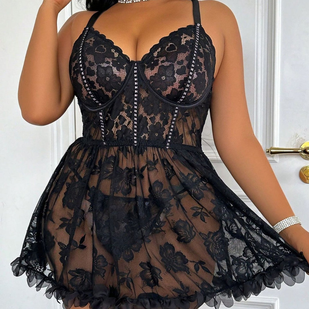 Plus Size Floral Lace Babydoll Lingerie Set – Sheer Mesh Underwire Chemise with Matching Thong